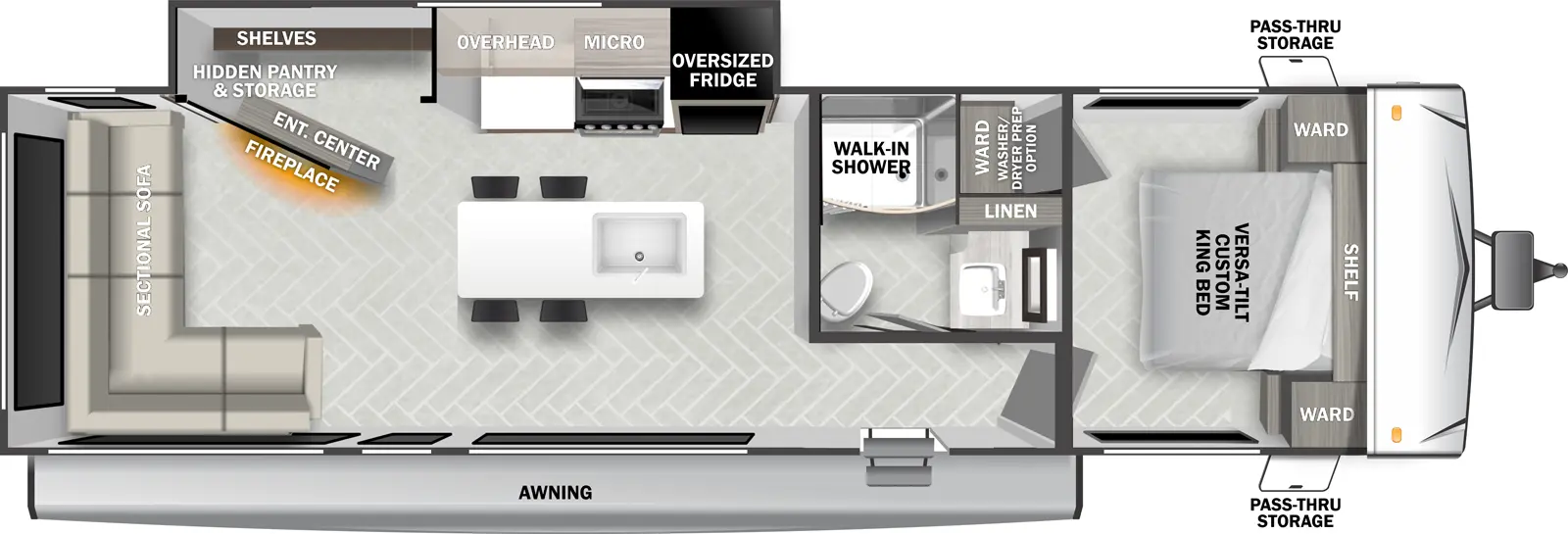 The T28VIEW has one slideout and one entry. Exterior features awning, and front pass-thru storage. Interior layout front to back: foot facing versa-tilt custom king bed with overhead shelf, wardrobes on each side, and off-door side wardrobe with optional washer/dryer prep; off-door side full bathroom with walk-in shower and linen closet; entry door outside of bathroom; off-door side slideout with oversized refrigerator, overhead cabinets, microwave, and entertainment center with fireplace, and hidden storage shelves behind; kitchen island with sink and seating; sectional sofa wraps around the rear to the door side.